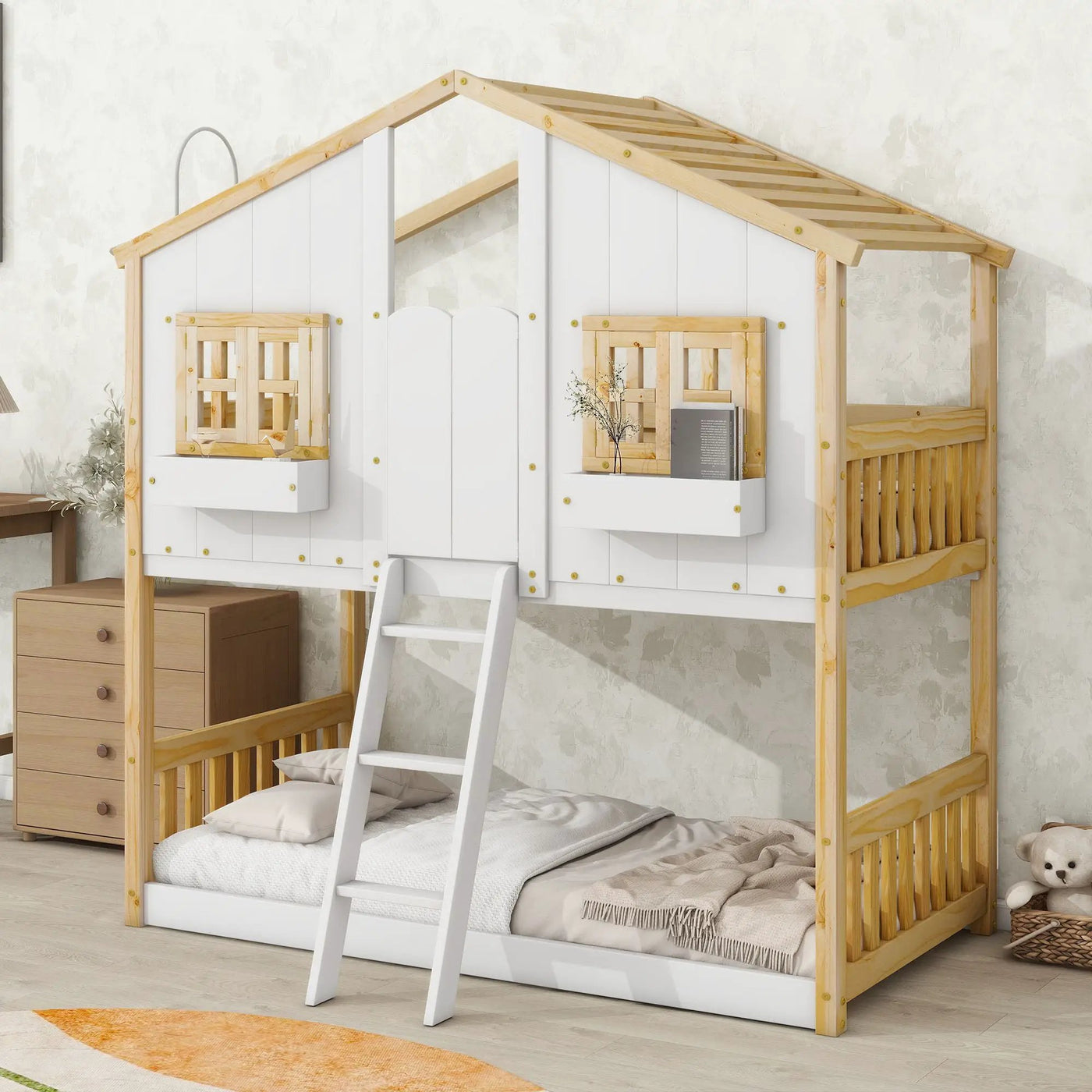 House Bunk Bed With Roof, Window, Window Box, Door, With Safety Guardrails And Ladder by HouseOfZazla