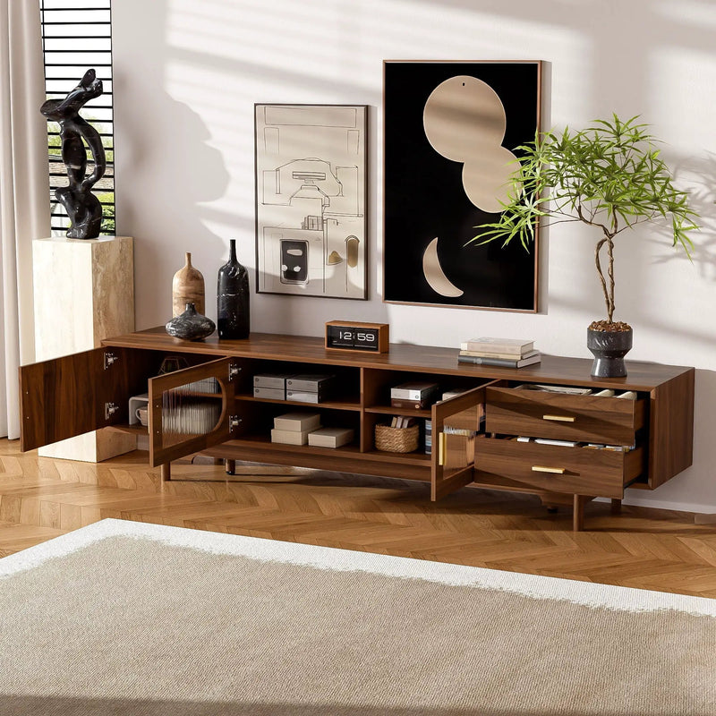 TV Stand With Fluted Doors, 2 Drawers - Walnut by HouseOfZazla