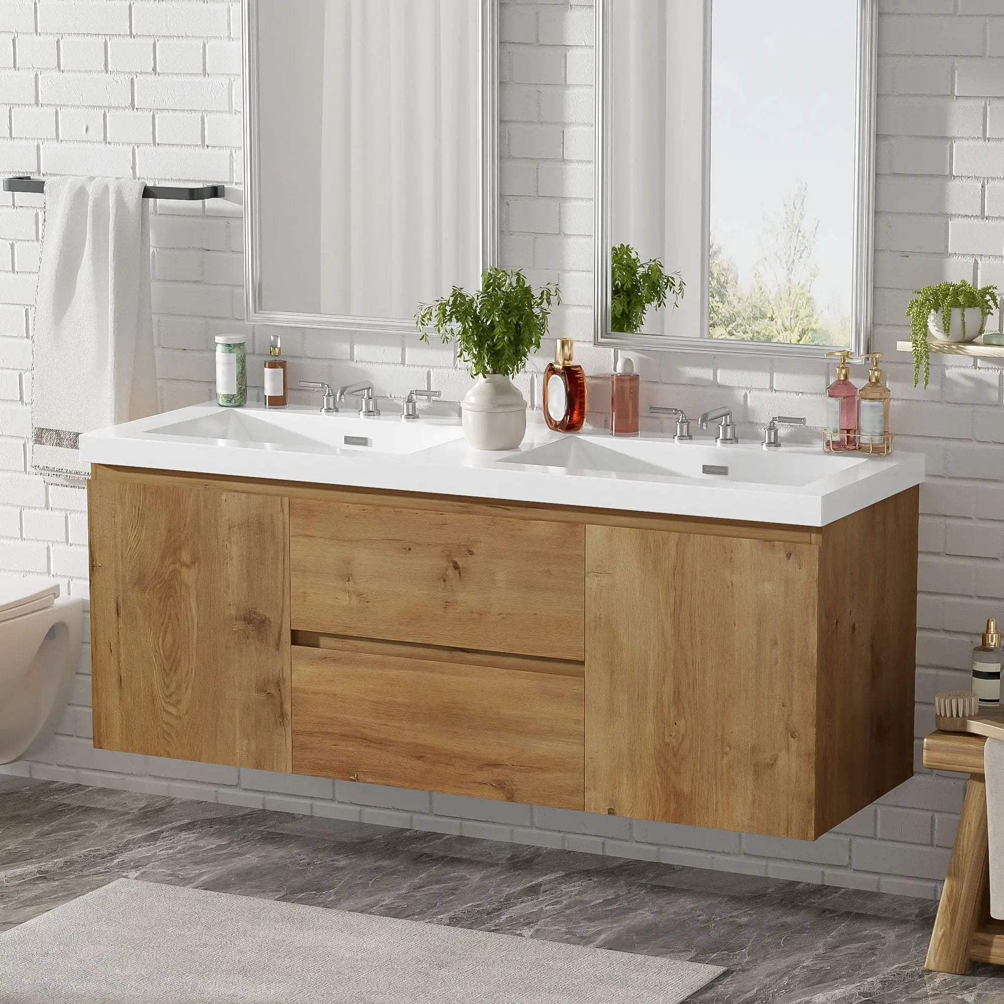 Double Sink Bathroom Vanity, Cabinet & Soft Close Doors, Divided Drawers, Wall Mounted Storage - Wood by HouseOfZazla