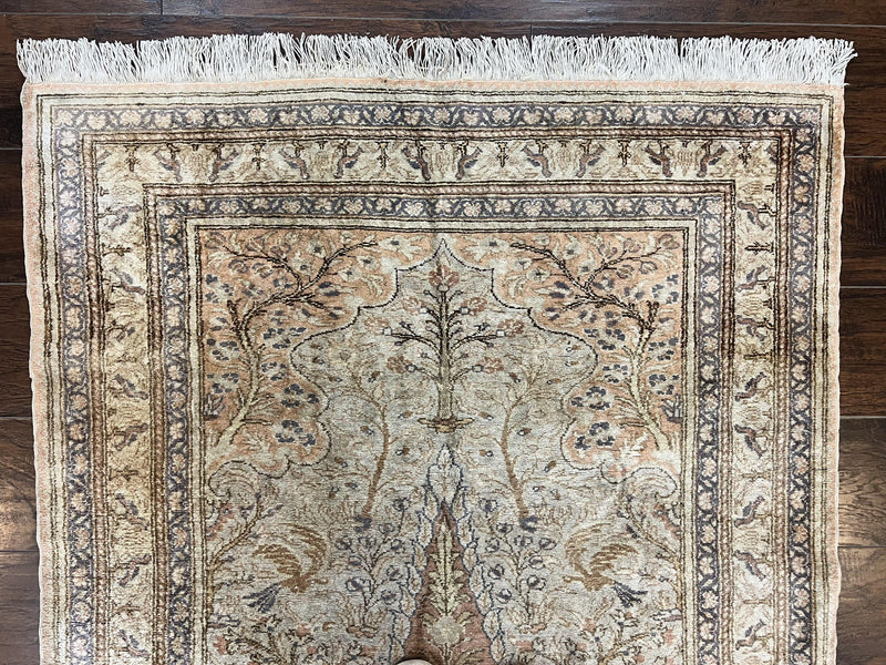 Turkish Kayseri Silk Rug 4x6, Tree of Life Pattern, Vintage Handmade Hand Knotted Carpet, Animal Pictorials, Birds by Jewel Rugs