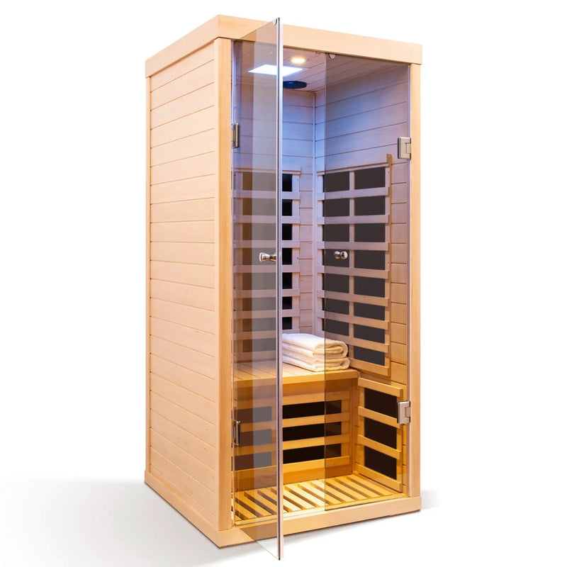 Luxury Indoor Low EMF Far Infrared Sauna Room with Hemlock Wood and Glass Double Doors by HouseOfZazla