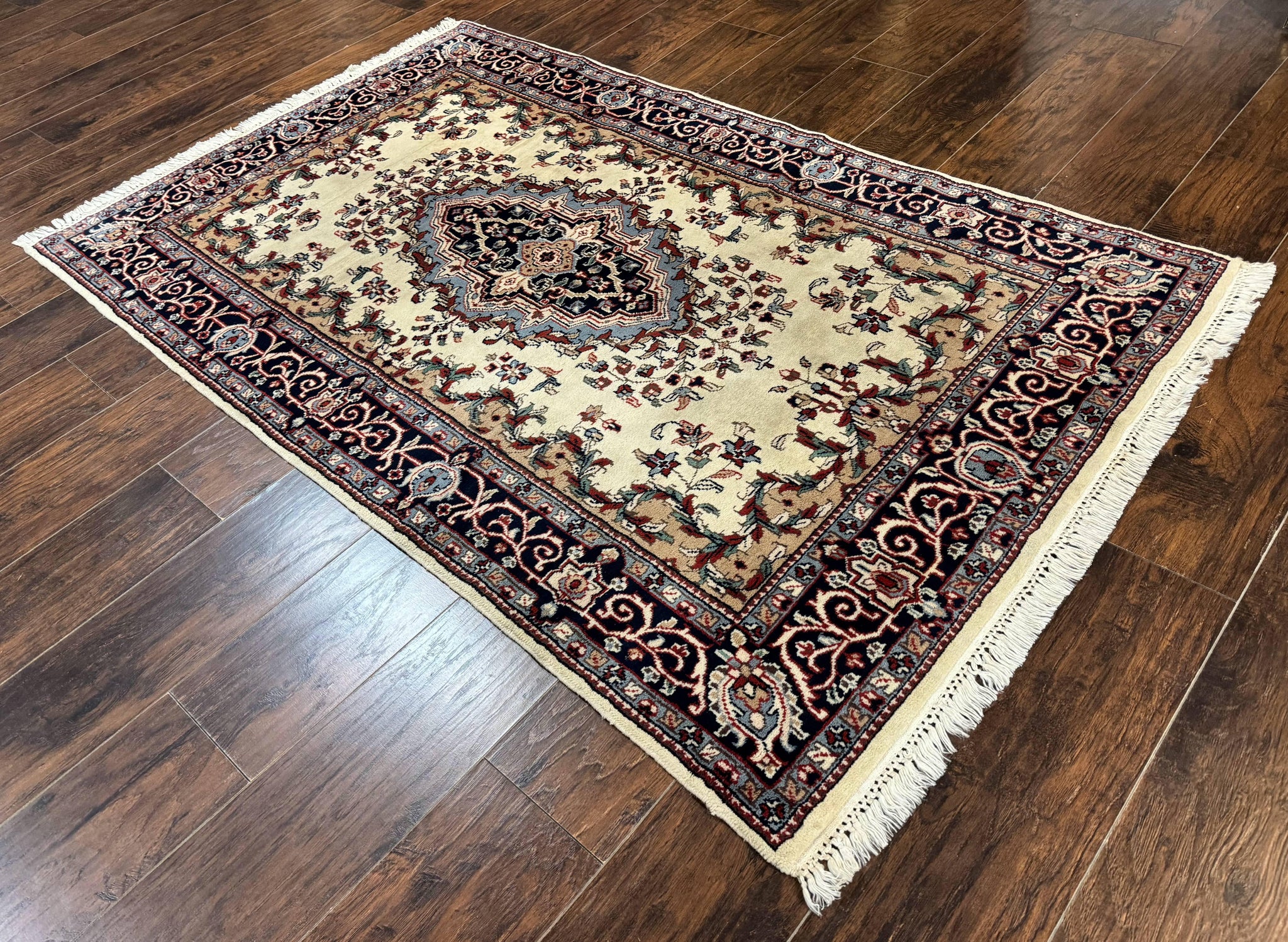 Indian Kashmiri Rug 4x6, Ivory Beige Navy Blue, Traditional Indo Persian Rug by Jewel Rugs