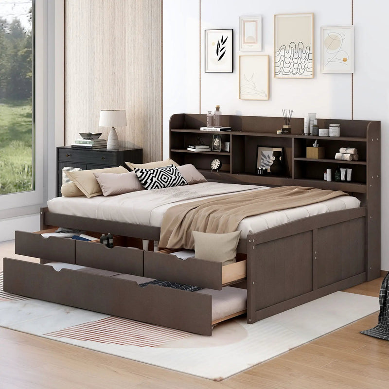 Captain Bed With Built In Bookshelves, 3 Storage Drawers, And Trundle by Unique Piece Furniture