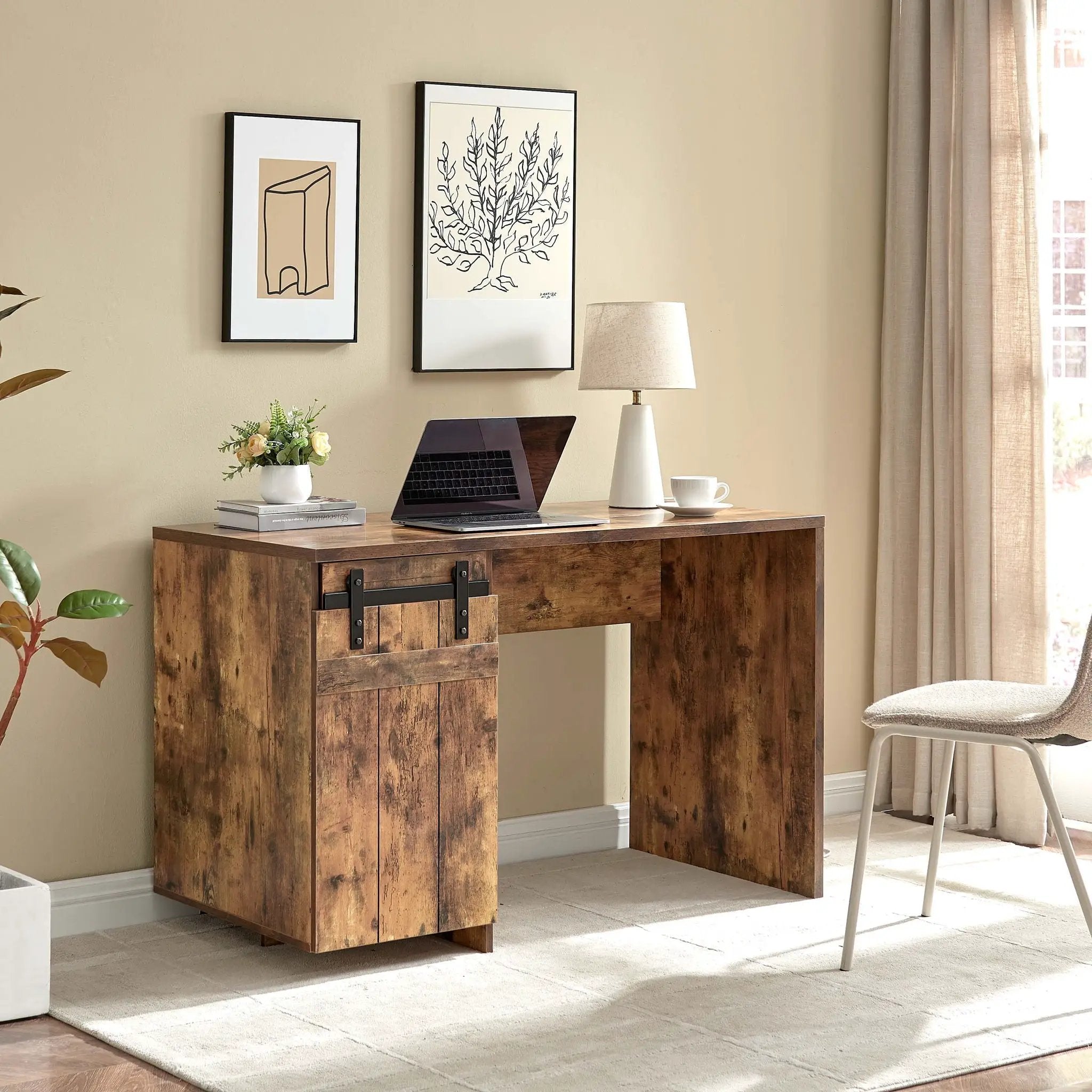 Home Office Desk One Cabinet Three Shelves Faux Barn Door On Metal Euro Hinges Modesty Panel - Distressed Wood by HouseOfZazla