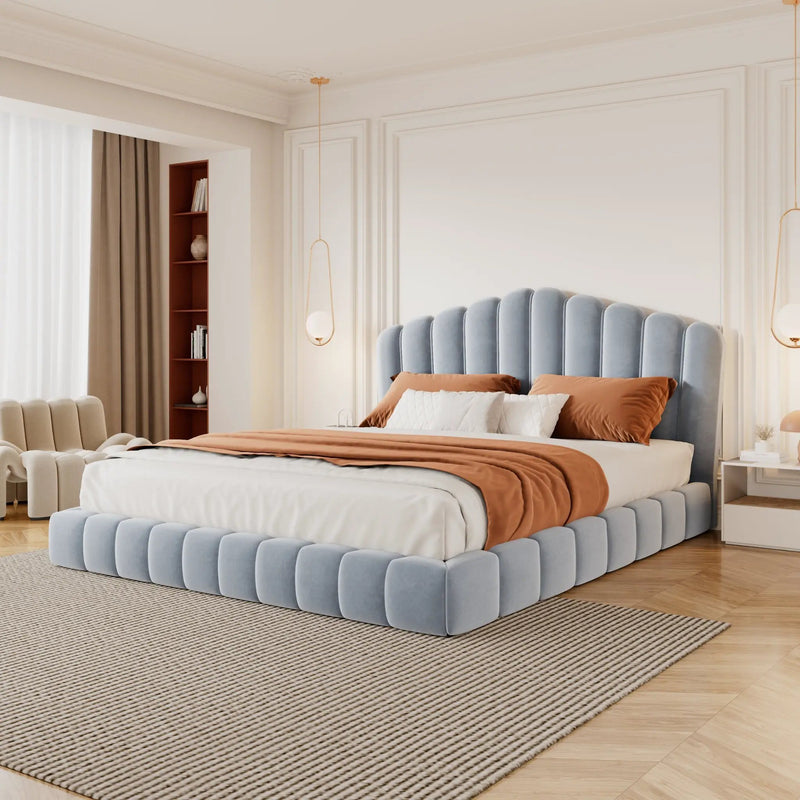 Velvet Upholstered Queen Bed with Shell-Shaped Headboard by HouseOfZazla