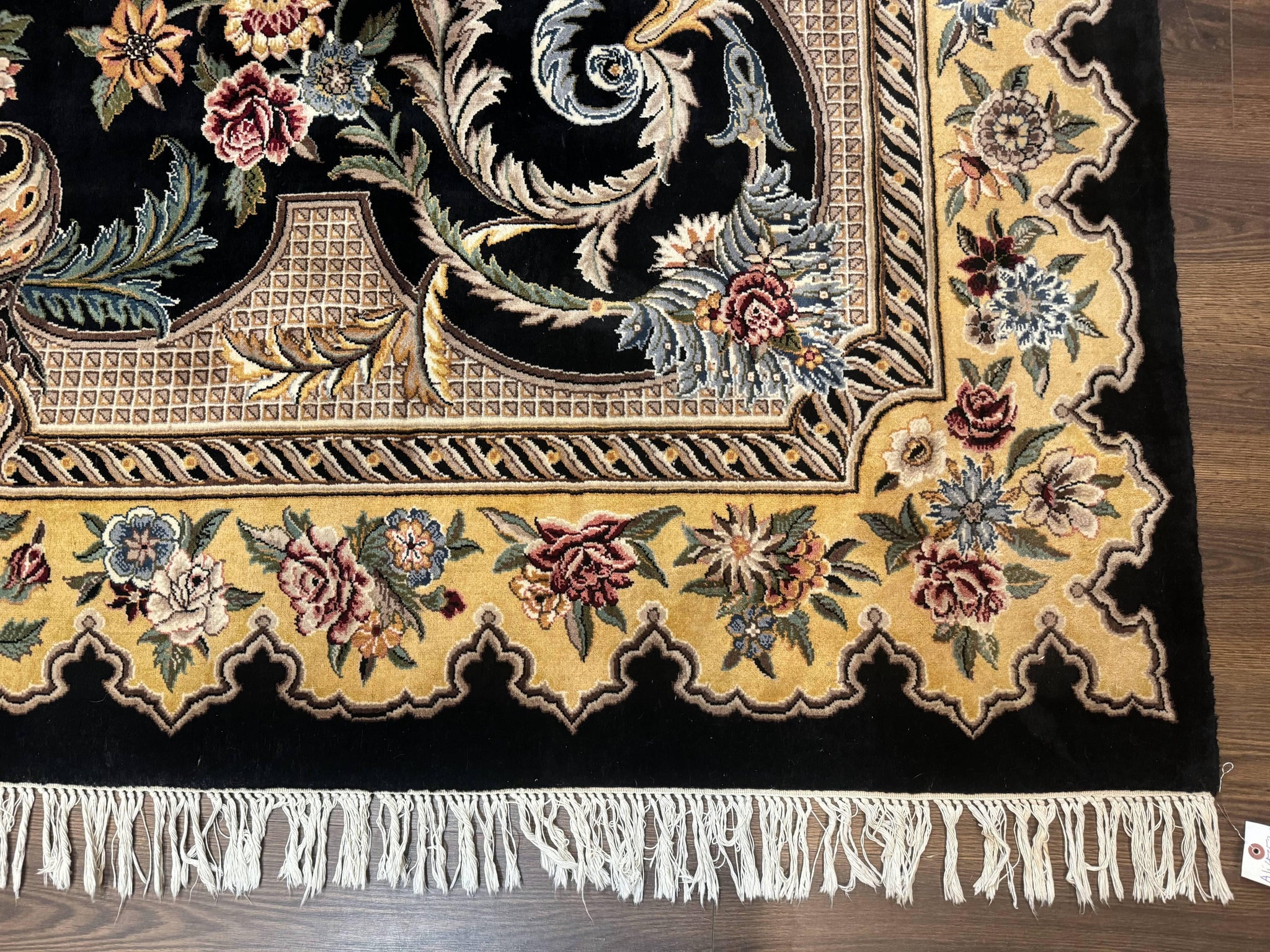 Aubusson Rug 9x12, Black and Beige, Floral, Elegant Handmade French European Design Carpet by Jewel Rugs