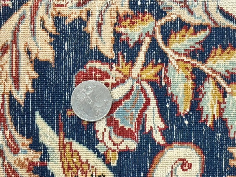 Persian Isfahan Rug 2x4, Birds, Navy Blue, Kork Wool on Silk Foundation, 460 KPSI by Jewel Rugs