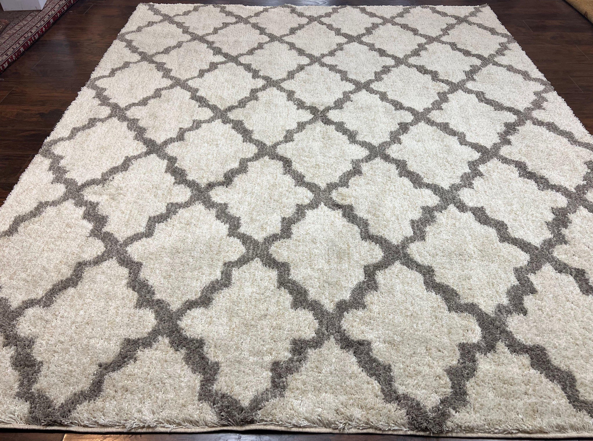Modern Shag Rug, Ivory and Gray, Diamond Panel Design, Room Sized Area Rug by Jewel Rugs