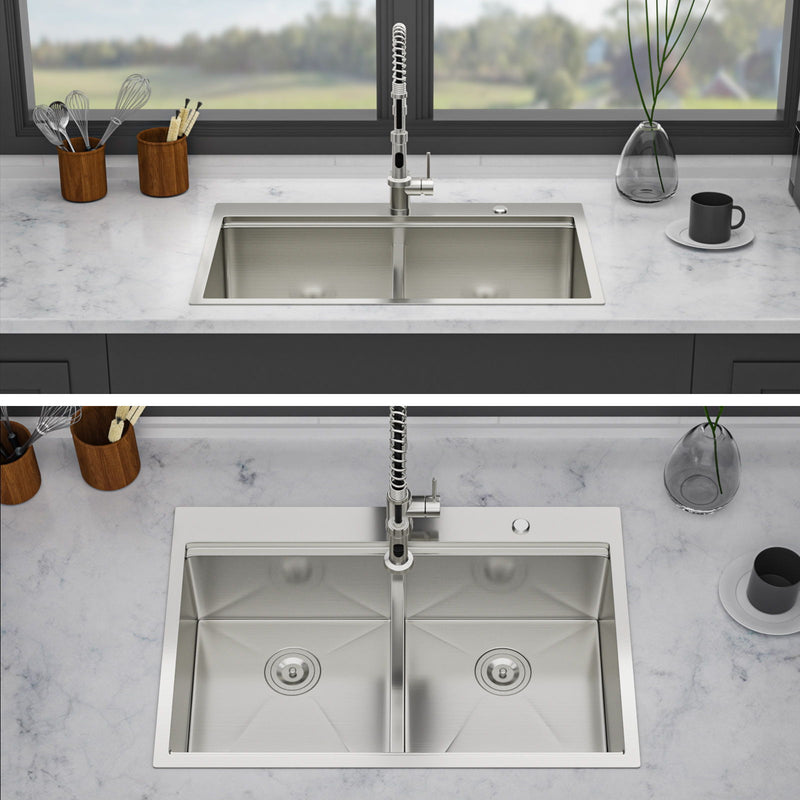 Topmount Drop In Kitchen Sink, Double Bowl Stainless Steel - Brushed Nickel by HouseOfZazla