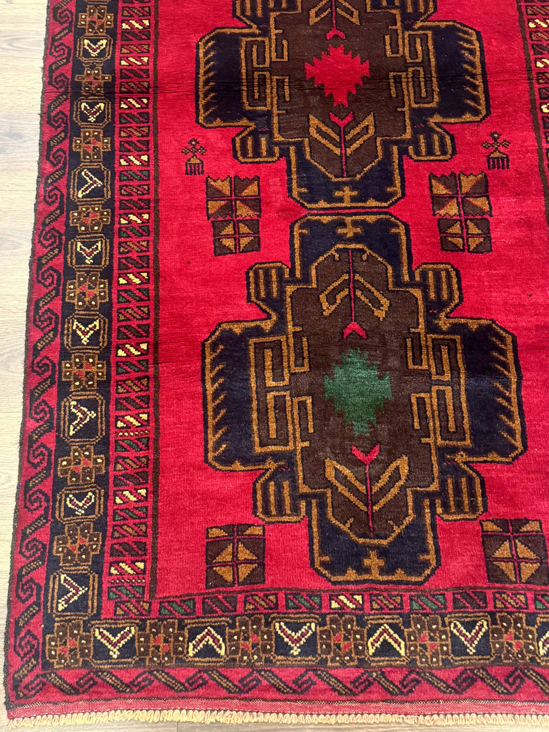 Red Afghan Balouch Rug 4x7, Triple Medallions, Handmade, New by Jewel Rugs