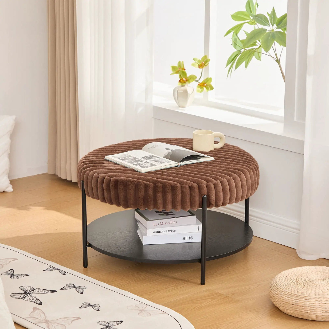 Modern Upholstered Round Ottoman Coffee Table With Storage Shelf by HouseOfZazla