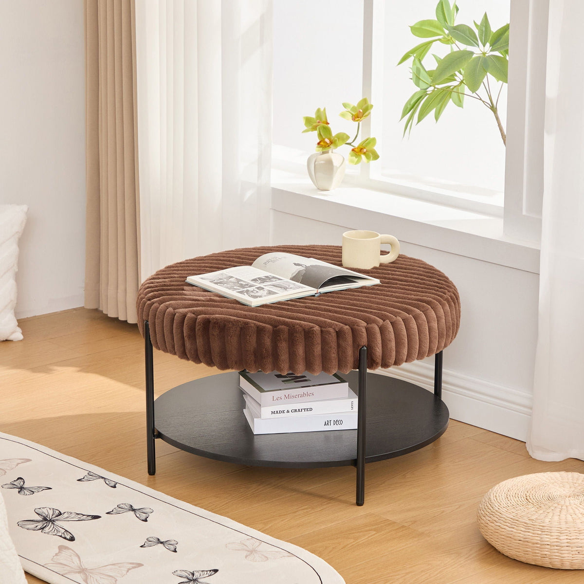 Modern Upholstered Round Ottoman Coffee Table with Storage Shelf - Fabric, photo 7 of 10