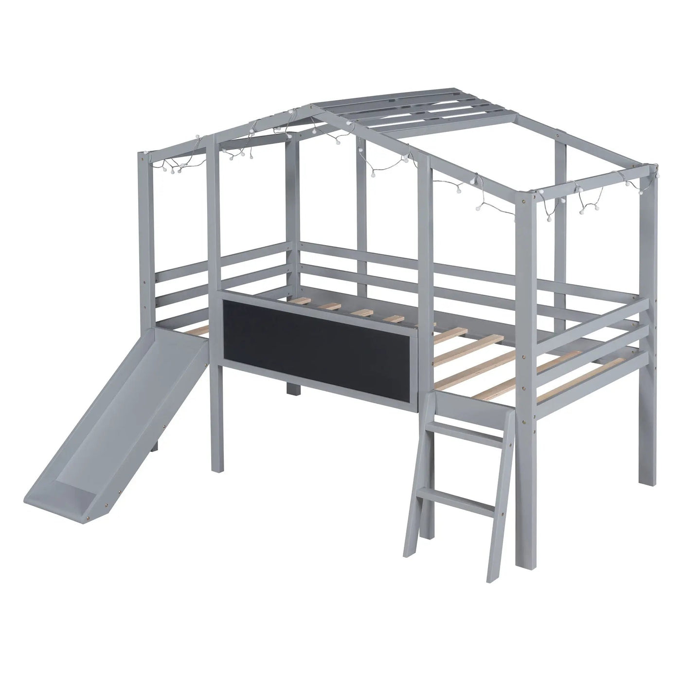 Loft House Bed With Ladder And Slide, With board And Light Strip On The Roof by Unique Piece Furniture