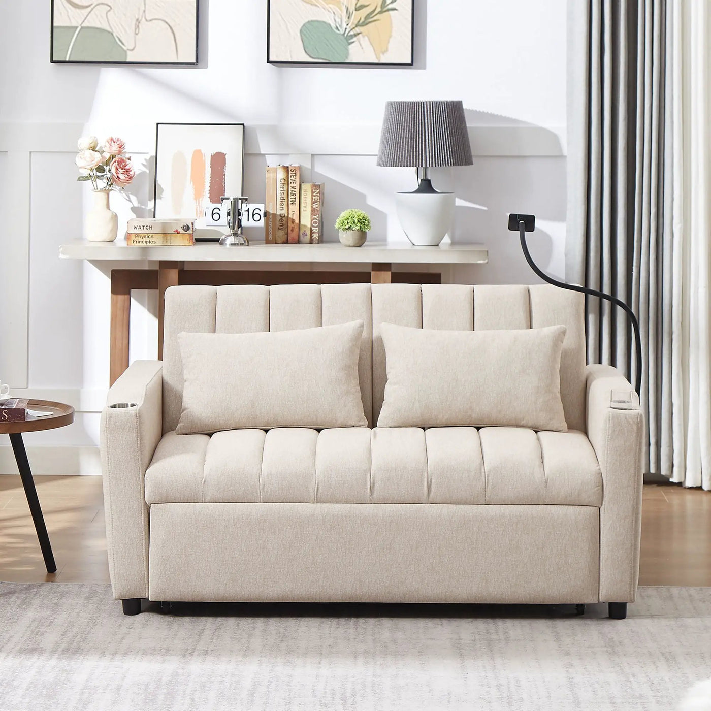 Convertible Sofa Bed Loveseat Sofa With Three USB Ports, Two Side Pockets, Two Cup Holders And 360° swivel Phone Holder For Living Room by HouseOfZazla