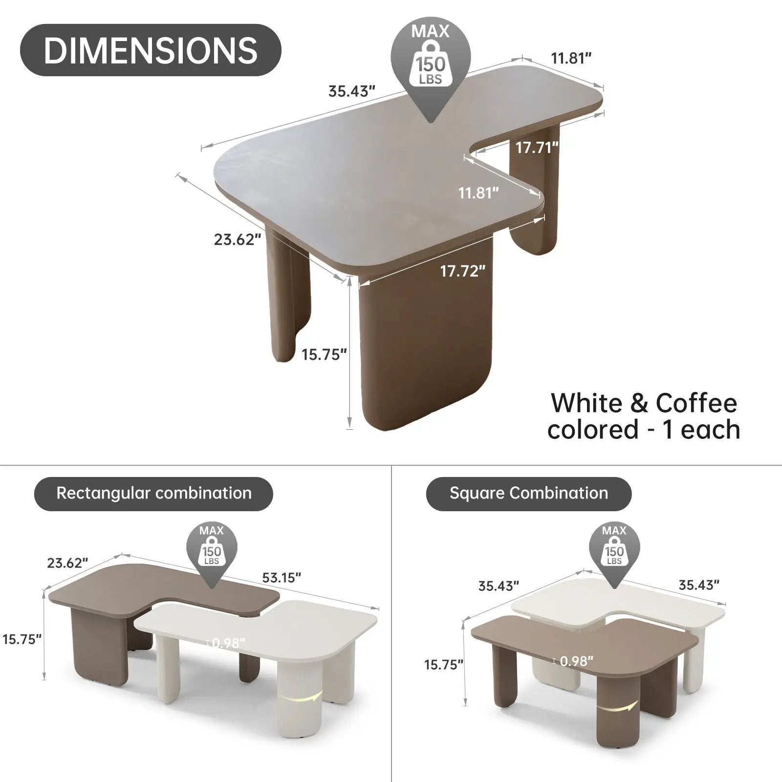 2 Pieces Modular Coffee Table Set, Free Combination - Khaki / White by HouseOfZazla