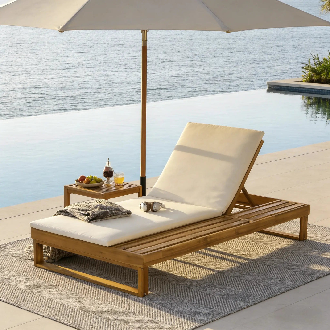 Teak Finish Acacia Wood Chaise Lounge with 1.57-Inch Cushion by HouseOfZazla