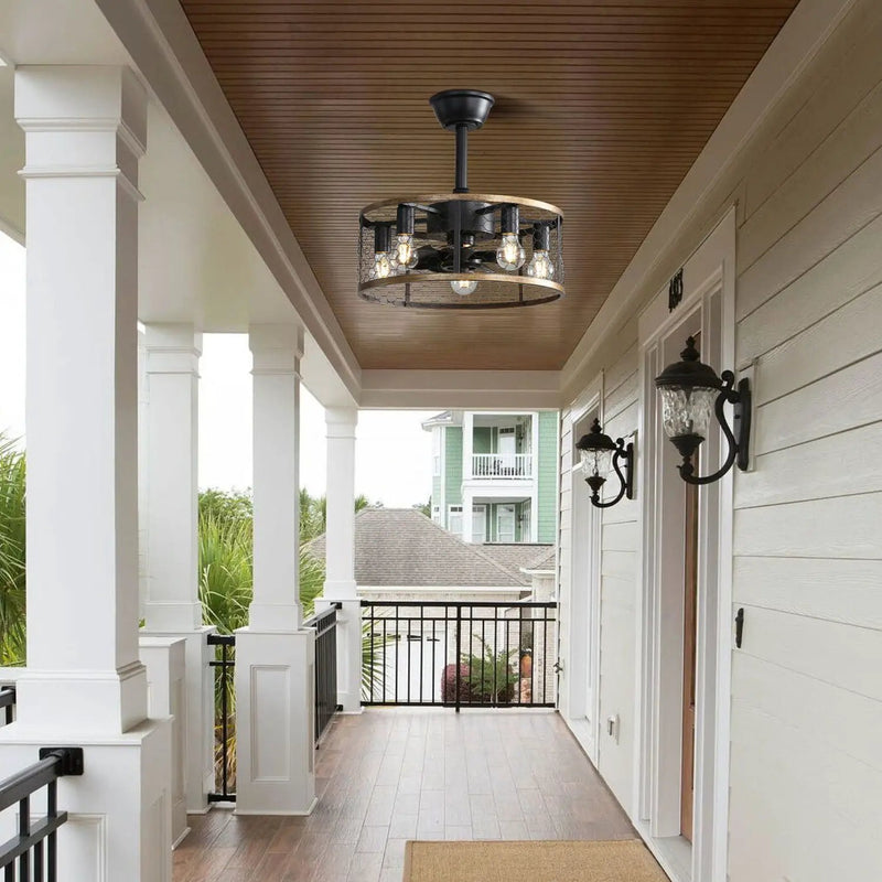 20" Industrial Caged Ceiling Fan With 7 - ABS Blades Remote Control, Small Ceiling Fan Reversible DC Motor - Black by Unique Piece Furniture