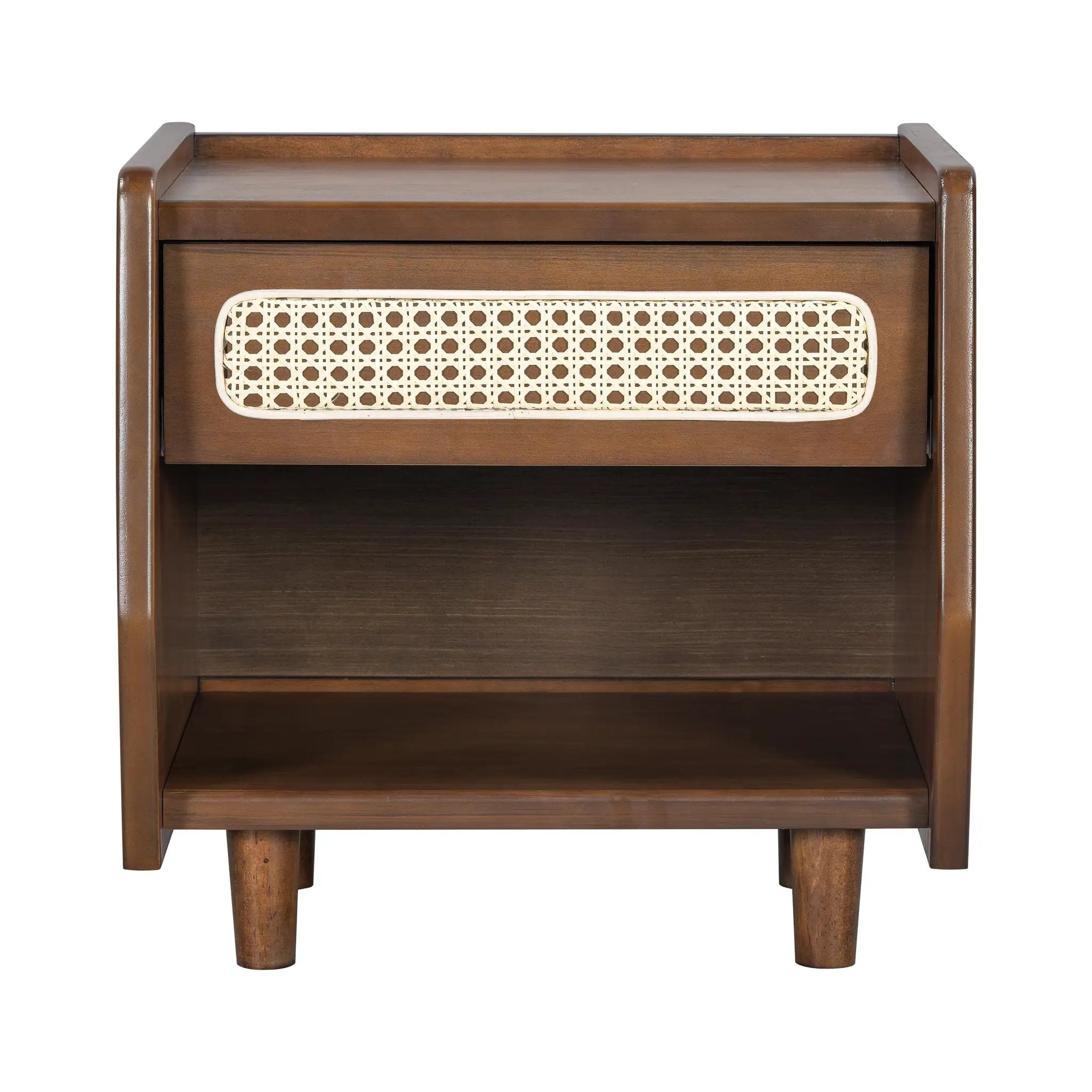 Walnut Nightstand with Rattan Detail, MDF + Solid Wood by HouseOfZazla