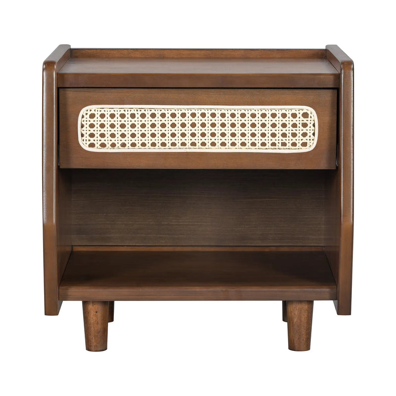 Walnut Nightstand with Rattan Detail, MDF + Solid Wood by HouseOfZazla
