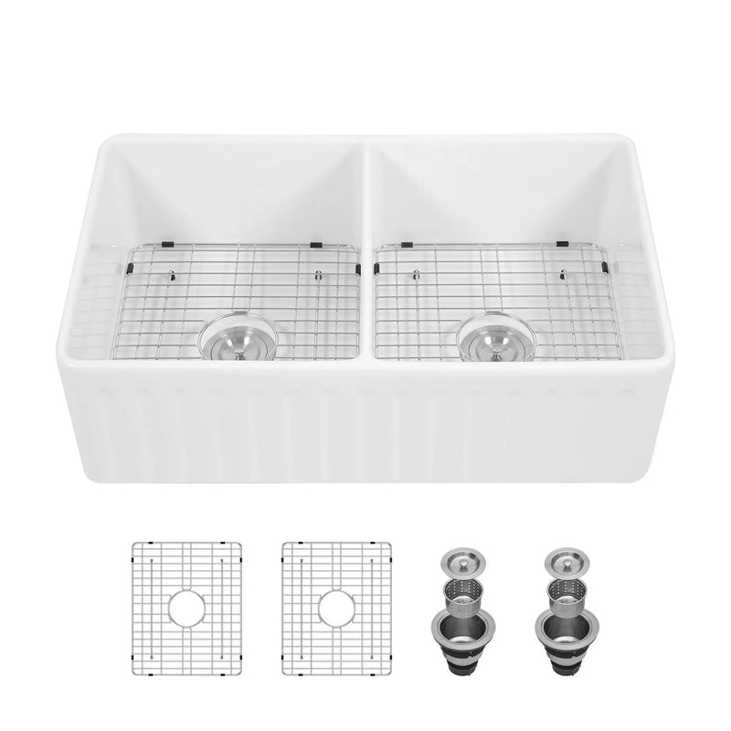 Sink 33" Double Bowl Kitchen Sink With Deep Bowls And Grids - White by HouseOfZazla