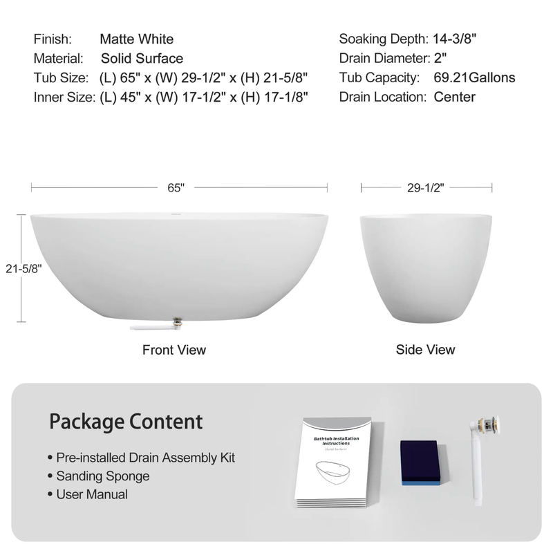 Nuvia Virella 65-Inch Luxury Freestanding Soaking Bathtub With Overflow And Pop-Up Drain (SAK69451) by SAKSBY WHOLESALE