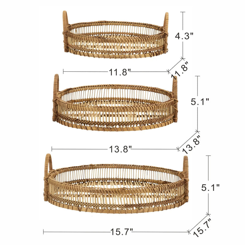 Set of 3 Round Decorative Brown Bamboo Woven Trays with Handles by HouseOfZazla