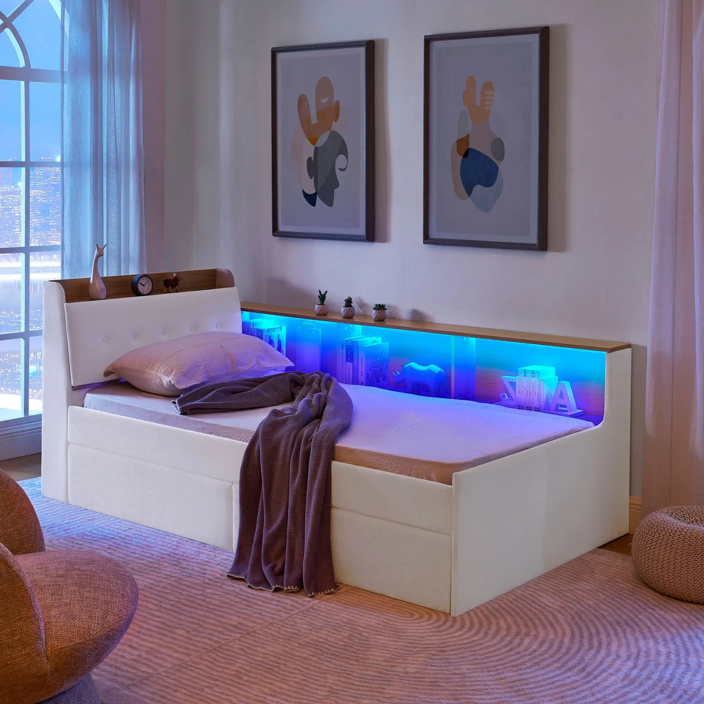 Upholstered Daybed With Storage Headboard, Wireless Charging, LED Lights by HouseOfZazla