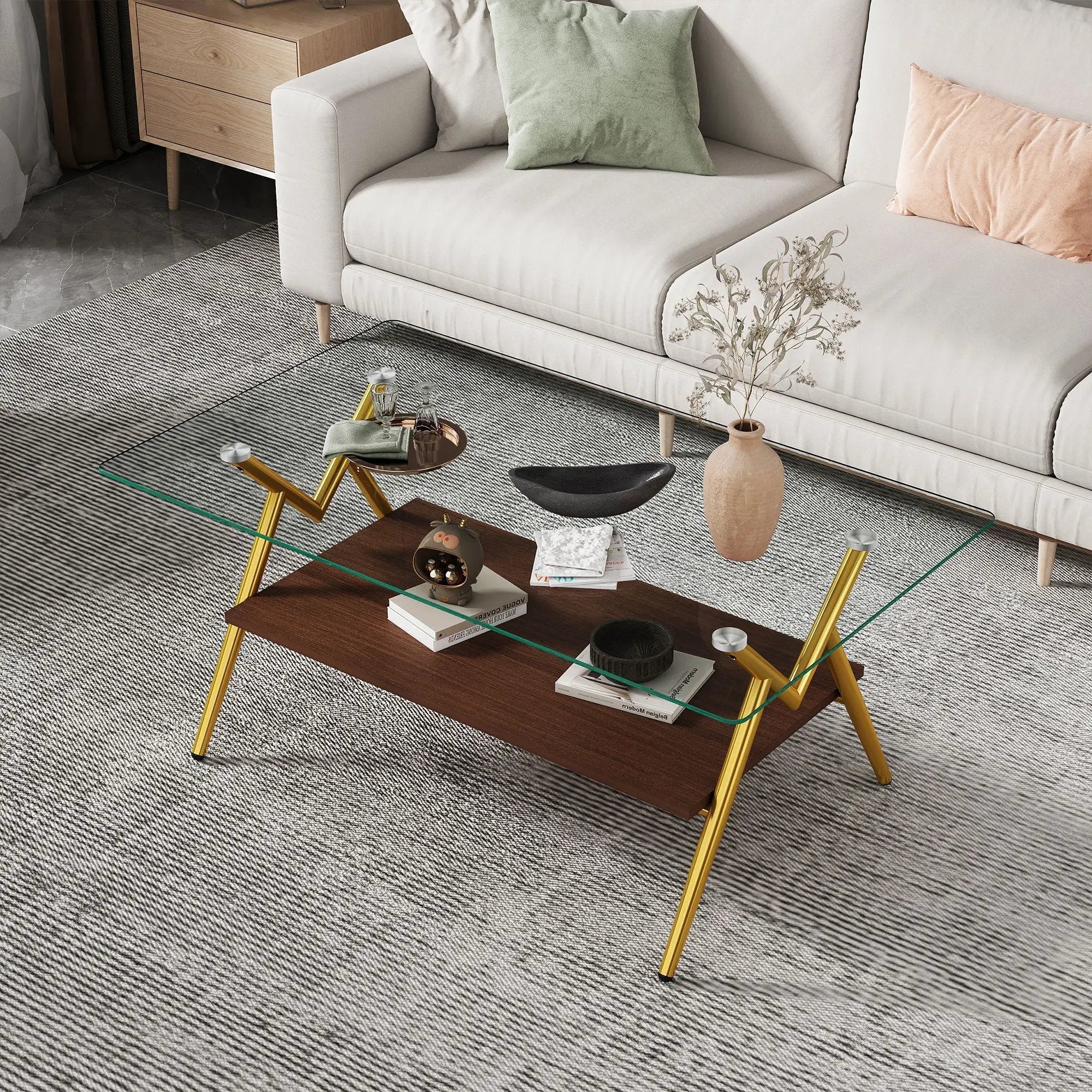 Rectangle Coffee Table With Tempered Glass Top And Shelf by Unique Piece Furniture