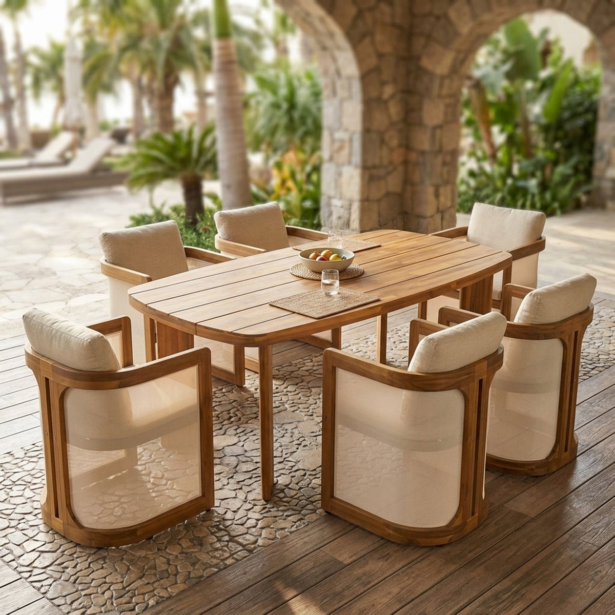 7-Piece Acacia Wood Outdoor Dining Set with Cushioned Arm Chairs - Teak Finish, photo 2 of 10