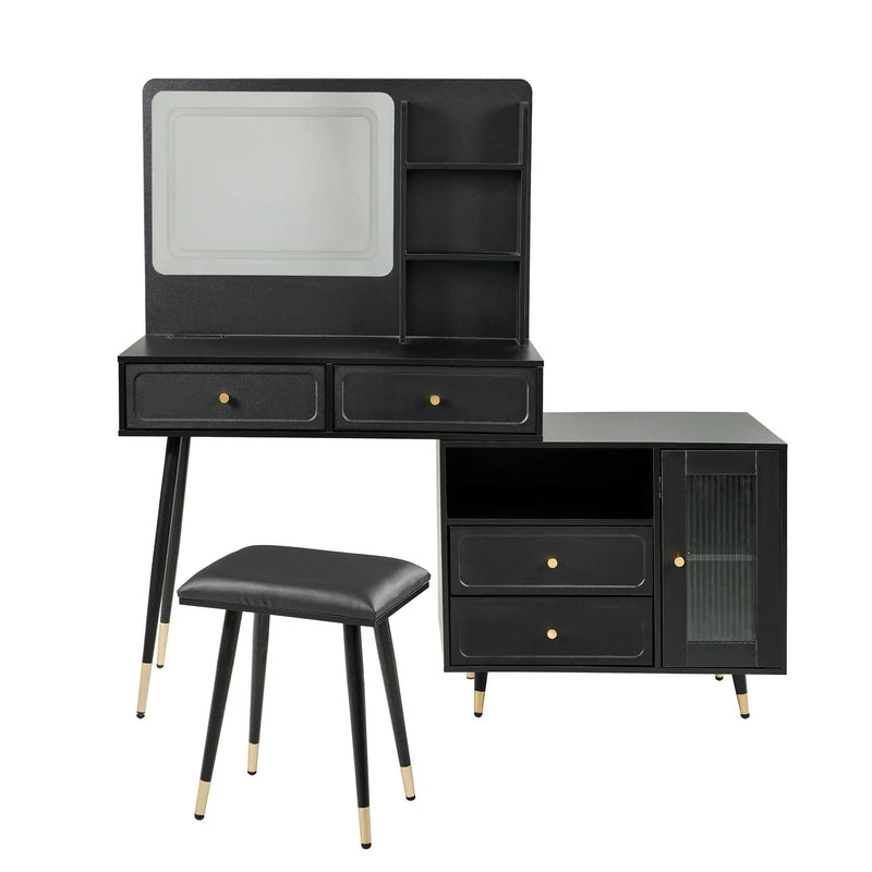 Modern Makeup Vanity Desk With Mirror And Lights Retractable Design Engineered Wood - Black by HouseOfZazla