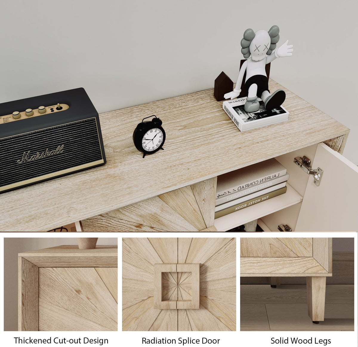 60'' Premium Rustic American Farmhouse Credenza - Symmetrical Sunburst Door Design, Heavy-Duty Antique Wood TV Stand with Adjustable Shelves, Storage Cabinet for Living Room/Kitchen (Antique Natural), photo 5 of 9