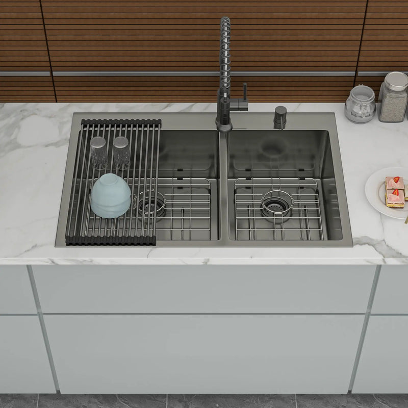 Double Bowl Drop-In Sink With 2 - 9" Deep Basins - Gunmetal Black by HouseOfZazla