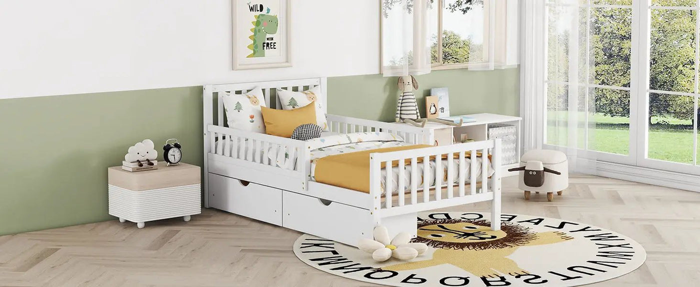 Platform Bed With Guardrails On Both Sides And 2 Storage Drawers by HouseOfZazla