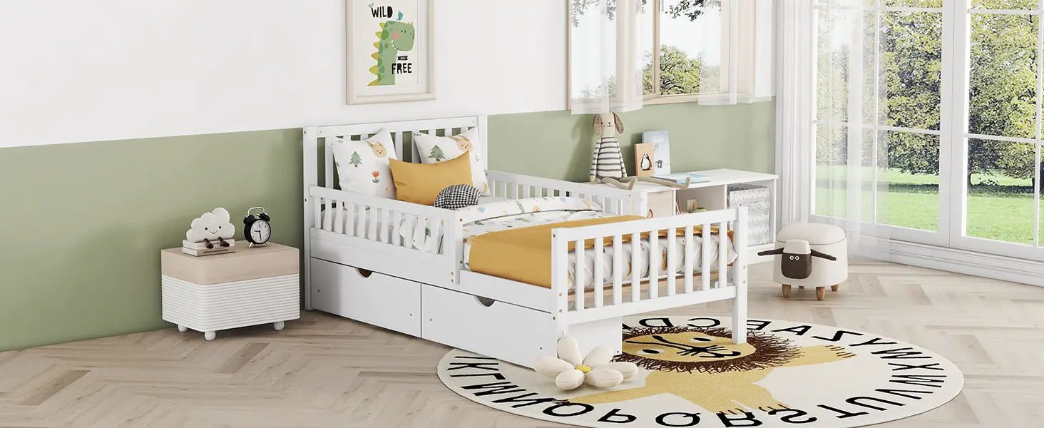 Platform Bed With Guardrails On Both Sides And 2 Storage Drawers by HouseOfZazla