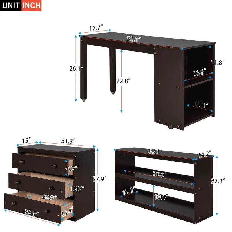 Loft Low Study Bed With Cabinet, Shelves And Rolling Portable Desk, Multiple Functions by HouseOfZazla