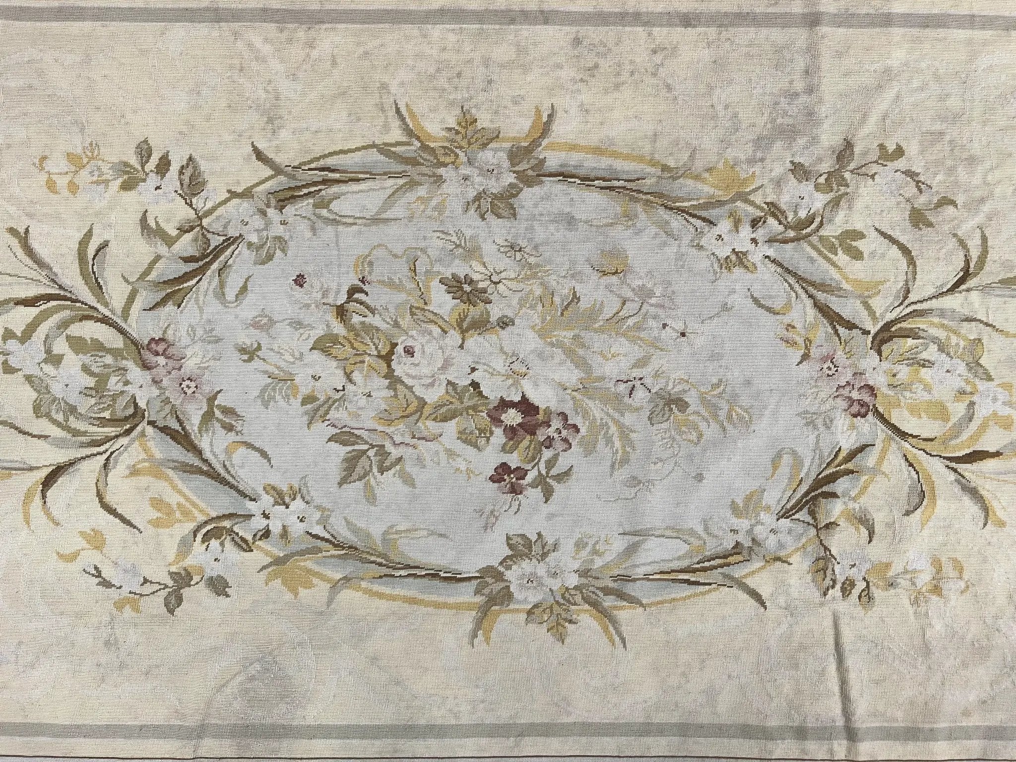 Needlepoint Rug 6x9, Elegant European Design Aubusson Carpet, Vintage Wool Handmade Rug, Light Yellow Ivory by Jewel Rugs