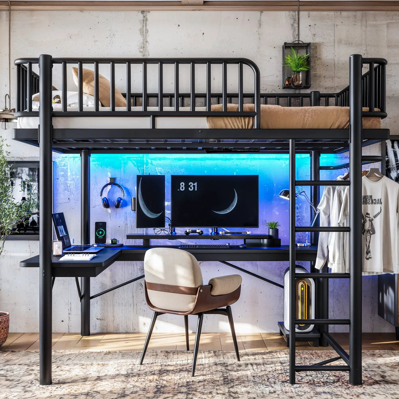 Full Loft Bed with L-Shaped Desk and LED Light Strip by HouseOfZazla