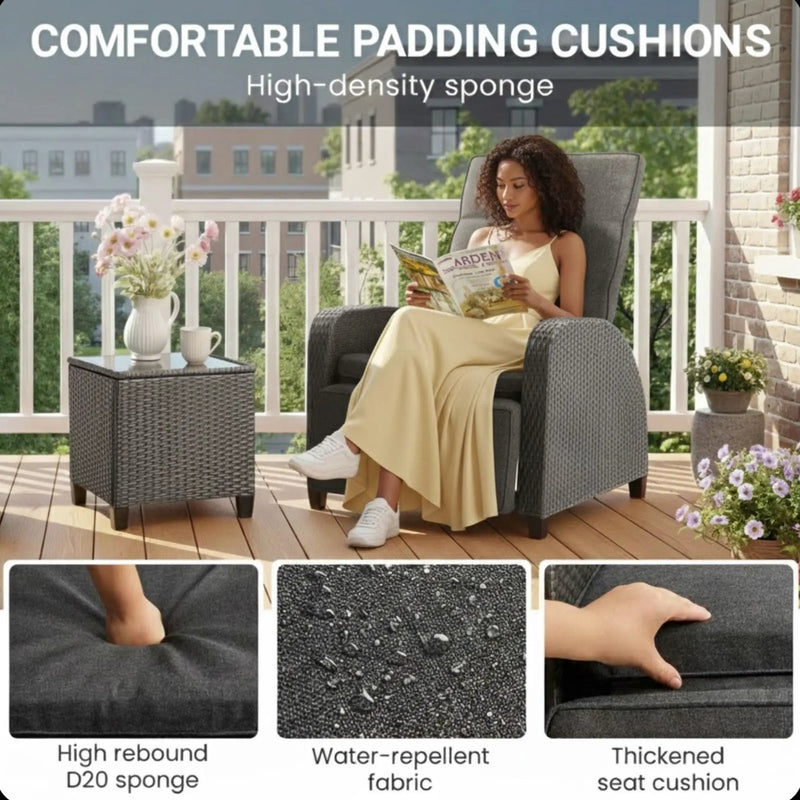 Adjustable Outdoor Lounge Chair, Plush Cushions & Extendable Footrest - Gray