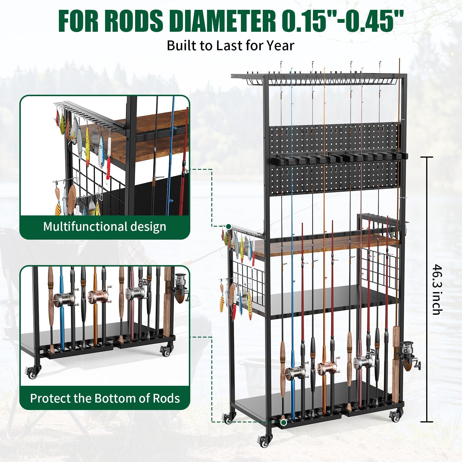Fishing Rod Storage Rack With Pegboard, Rolling Tackle Organizer Cart - Black by HouseOfZazla