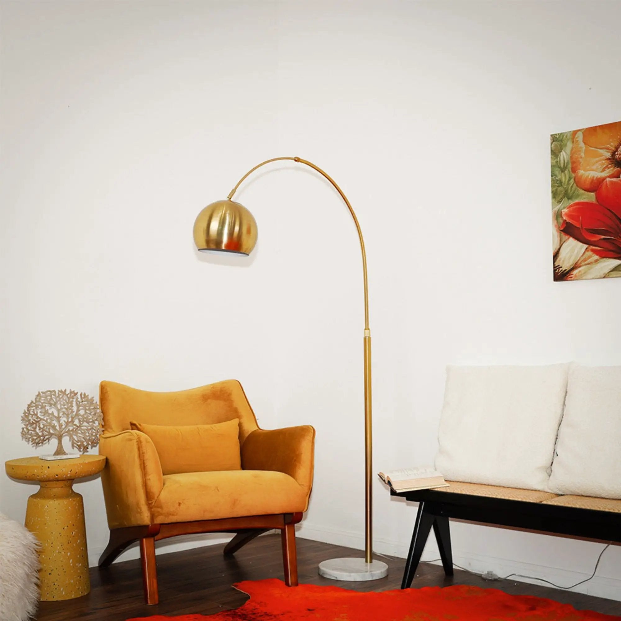 Oasis - Long Arm Gold Adjustable Floor Lamp With Round Marble Base - Gold / White Marble by Unique Piece Furniture