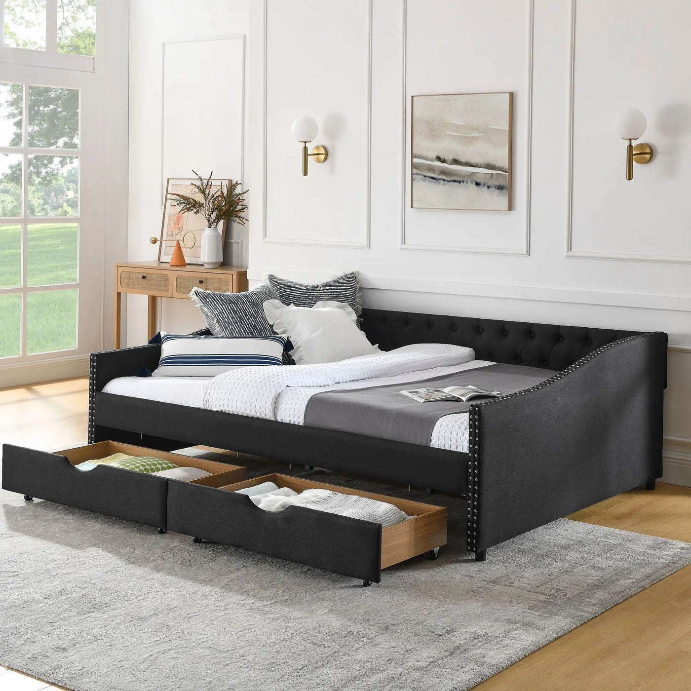 Upholstered Tufted Daybed With 2 Drawers, Waved Arms by Unique Piece Furniture