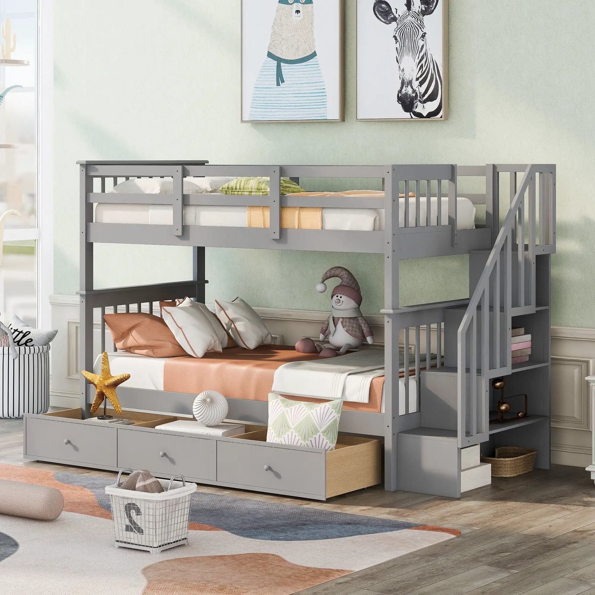 Stairway Bunk Bed With Storage And Guard Rail For Bedroom by HouseOfZazla