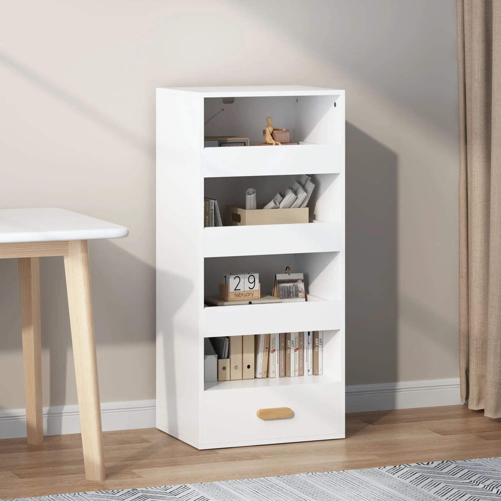 4 Tier Freestanding Bookshelf With 3 Sliding Drawers And 1 Bottom Drawer - White by Unique Piece Furniture