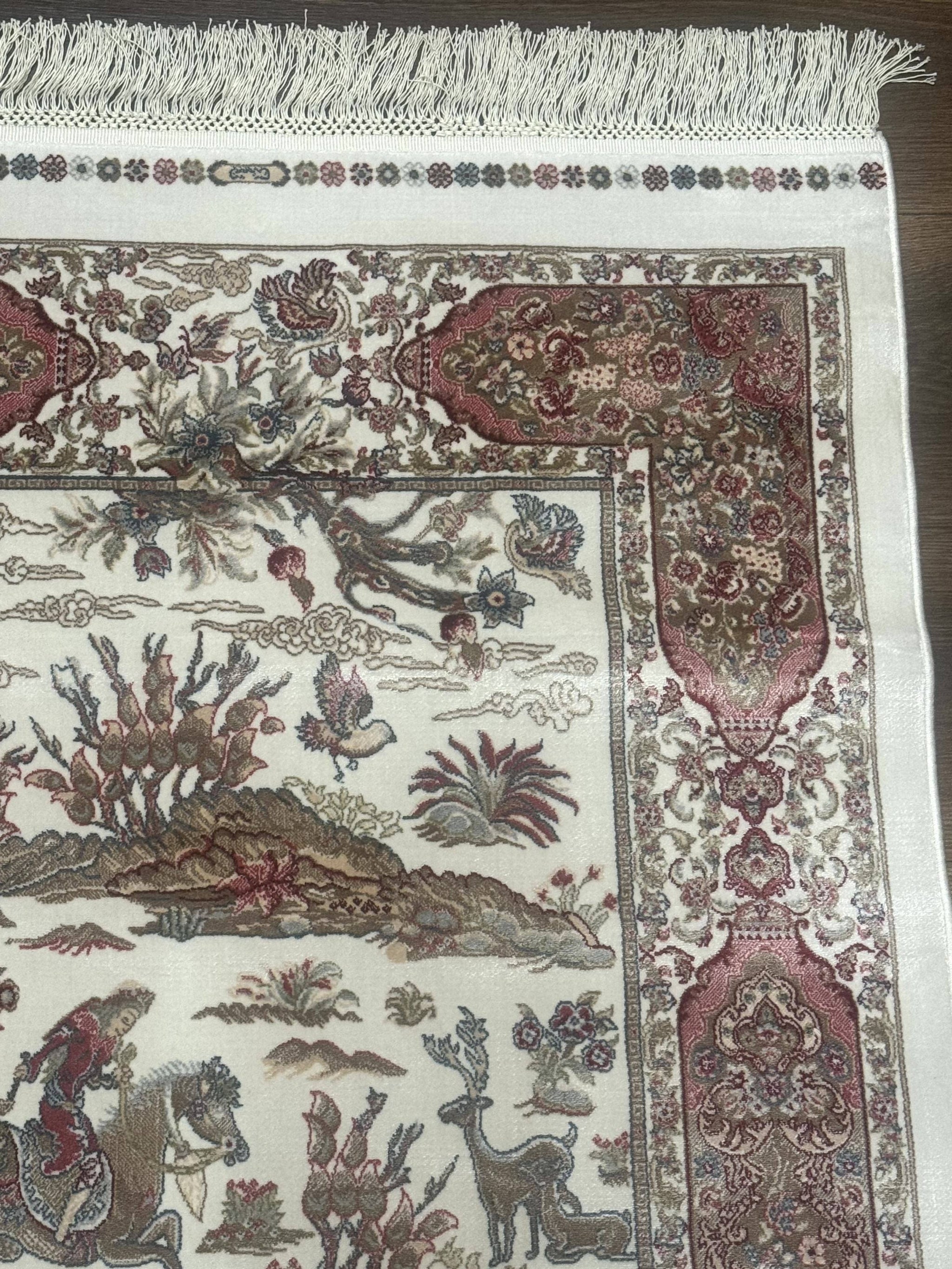 Turkish Silk Runner Rug 2.6 x 8, Hunting Design, Ivory, Bamboo Silk, New by Jewel Rugs
