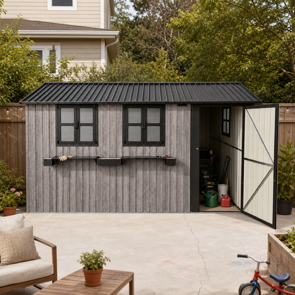 12x10 FT Outdoor Metal Storage Shed with 3 Clear Windows & Decorative Flower Rack, Lockable Single Door Tool Shed, Heavy Duty Waterproof Weatherproof Garden Shed for Backyard Patio Yard,Grey+Black, photo 4 of 9
