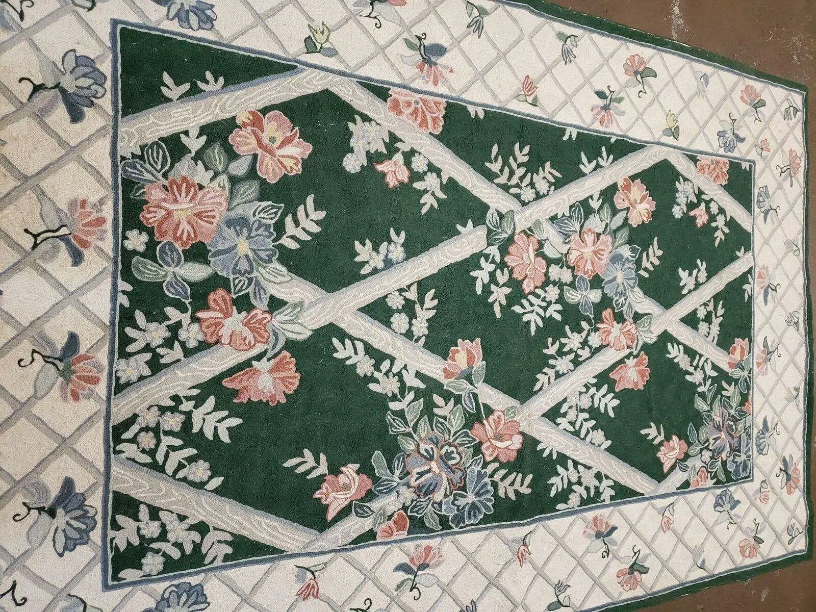 3' 6" X 5' 6" Hand Stitched Indian Wool Rug with Backing Green Beige by Jewel Rugs