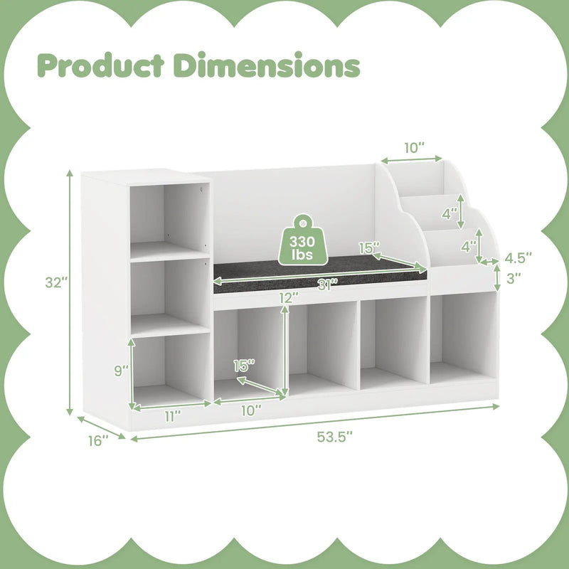 Kids Bookcase with Reading Nook 3-in-1 Standing Toy Organizer-White by DirectDeals