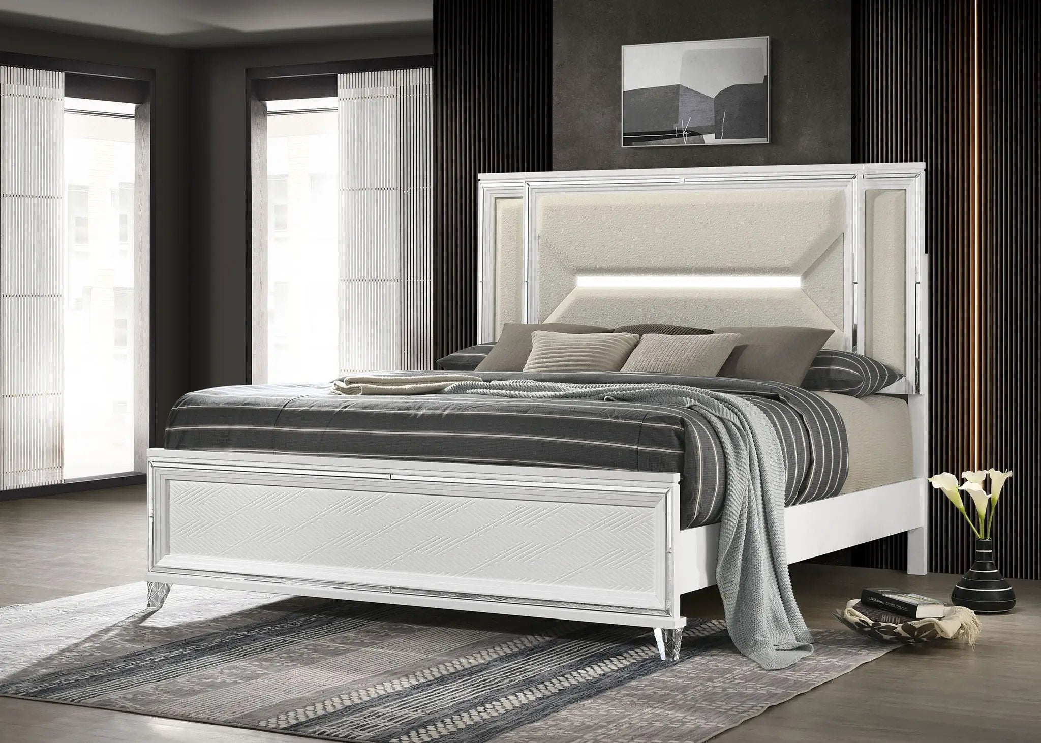 Marmore 64-inch Queen Panel Bed LED Headboard White by Unique Piece Furniture