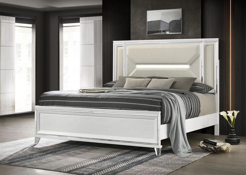 Marmore 64-inch Queen Panel Bed LED Headboard White by Unique Piece Furniture
