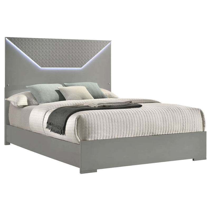 Ives Queen Panel Bed LED Headboard Grey High Gloss by Unique Piece Furniture